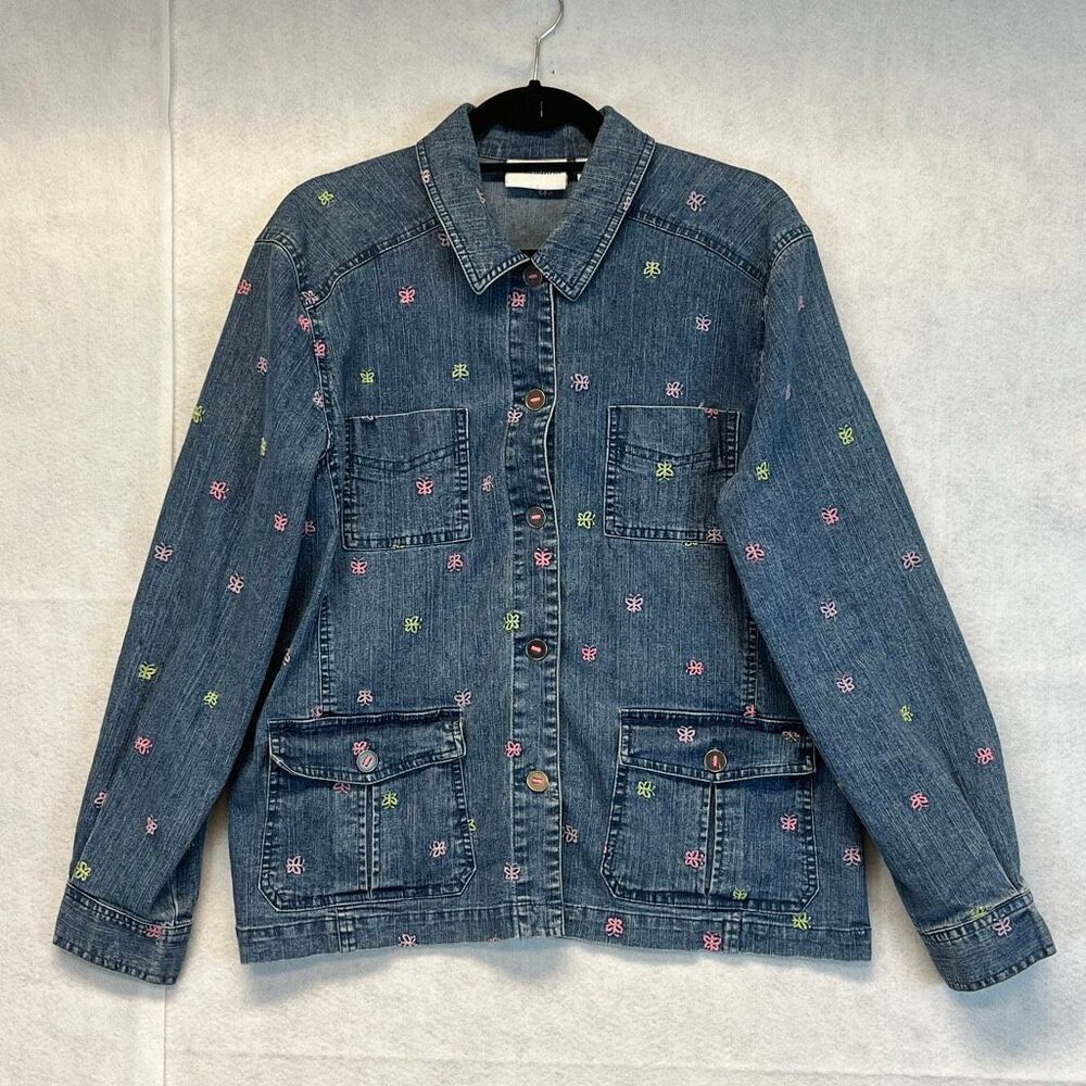 Vintage ALFRED DUNNER Denim‎ Jacket Size 12 Blue 80s Embroidered Butterfly Cute!